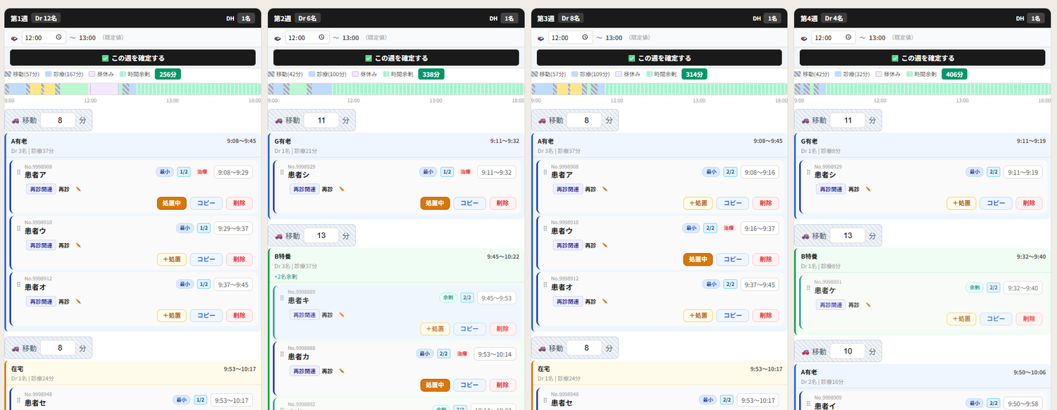 エリアがまとまり、時刻順に並んだ週間スケジュールが自動で出来上がった画面